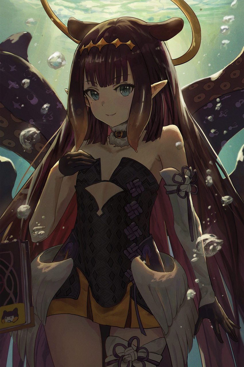 1girl absurdres bangs black_dress blunt_bangs bubble cherre_(jerre-david13579) dress gloves halo highres hololive hololive_english huge_filesize looking_at_viewer ninomae_ina'nis pointy_ears purple_hair single_sleeve sleeves smile solo strapless strapless_dress tentacle_hair tentacles underwater virtual_youtuber wings