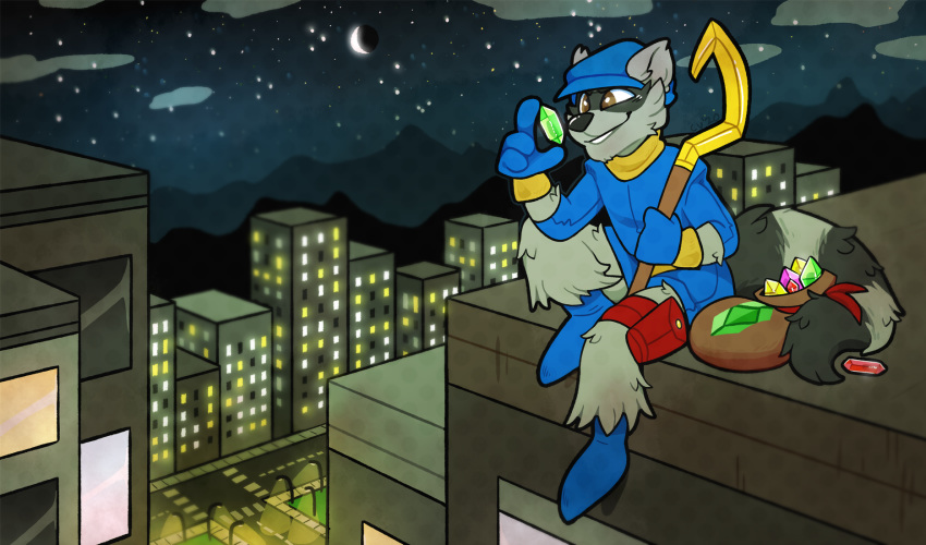 anthro building city clothed clothing crownedvictory gem hi_res male mammal moon mountain night patreon procyonid raccoon rooftop sly_cooper sly_cooper_(series) solo sony_corporation sony_interactive_entertainment staff stairs stippling street_lamp sucker_punch_productions video_games