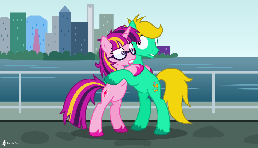 2020 7:4 absurd_res blonde_hair blue_body detailed_background duo earth_pony equid equine eyewear fan_character female feral fetlocks glasses green_body hair hasbro hi_res horn horse hug male mammal multicolored_hair my_little_pony outside parclytaxel pony purple_hair scared signature unicorn water wide_eyed