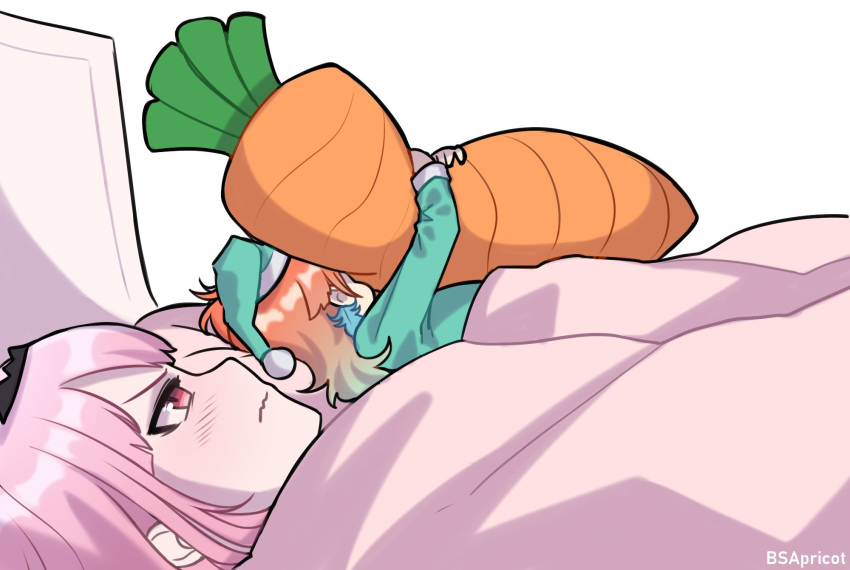 2girls 500_dollar_four_foot_tall_mareep artist_name bangs bed blanket blush bsapricot carrot_pillow earrings feather_earrings feathers gradient_hair hat highres hololive hololive_english jewelry light_green_hair long_hair mori_calliope multicolored_hair multiple_girls nightcap orange_hair pajamas pillow pillow_hug red_eyes sleeping takanashi_kiara tiara under_covers virtual_youtuber