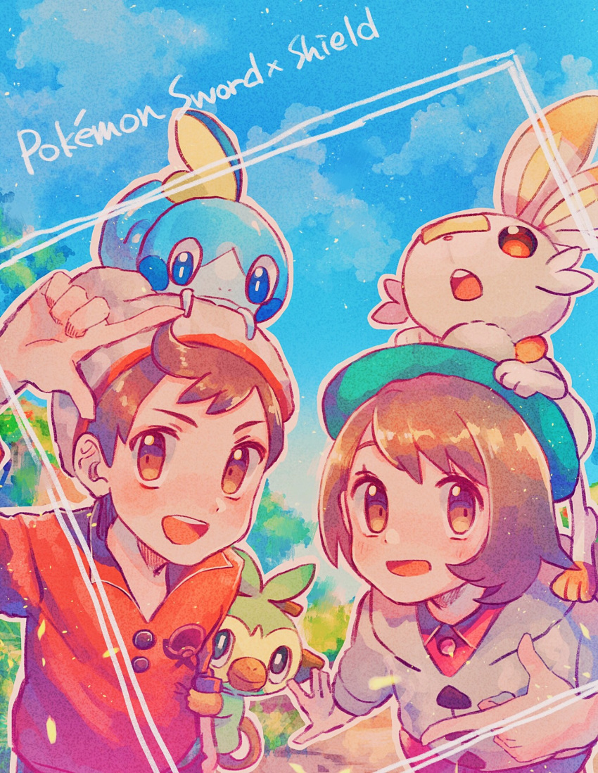 1boy 1girl bangs beanie blush bob_cut brown_eyes brown_hair buttons cardigan cloud commentary_request copyright_name day dress gen_8_pokemon gloria_(pokemon) green_headwear grey_cardigan grey_headwear grookey hand_up hanenbo hat highres looking_at_viewer on_head outdoors pink_dress pokemon pokemon_(creature) pokemon_(game) pokemon_on_arm pokemon_on_head pokemon_swsh red_shirt scorbunny shiny shiny_hair shirt short_hair sky sleeves_rolled_up sobble starter_pokemon_trio swept_bangs tam_o'_shanter tree victor_(pokemon)