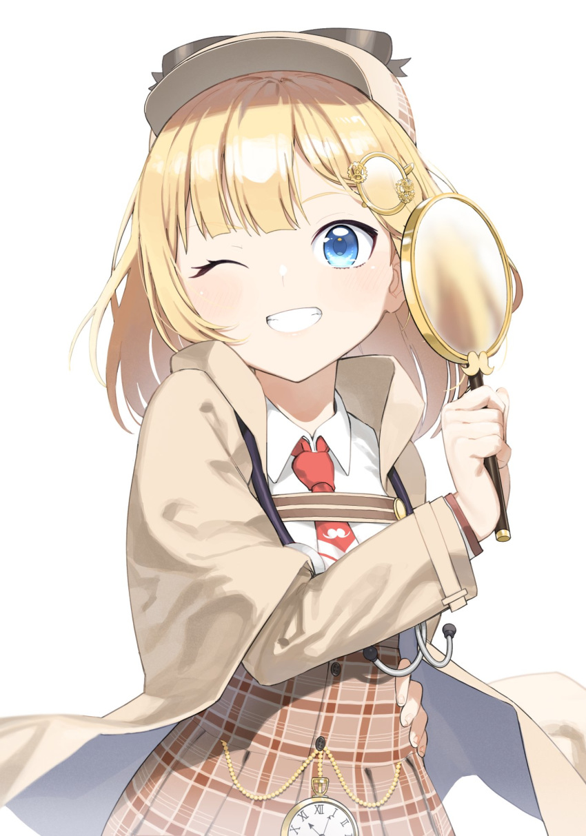 1girl 9nojo blonde_hair blue_eyes capelet commentary grin hand_on_hip highres hololive hololive_english long_sleeves looking_at_viewer magnifying_glass monocle_hair_ornament necktie one_eye_closed pocket_watch red_neckwear simple_background smile solo upper_body virtual_youtuber watch watson_amelia white_background