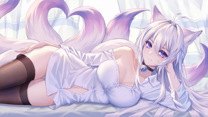 animal_ears breasts foxgirl kirby_d_a multiple_tails original purple_eyes purple_hair tail thighhighs