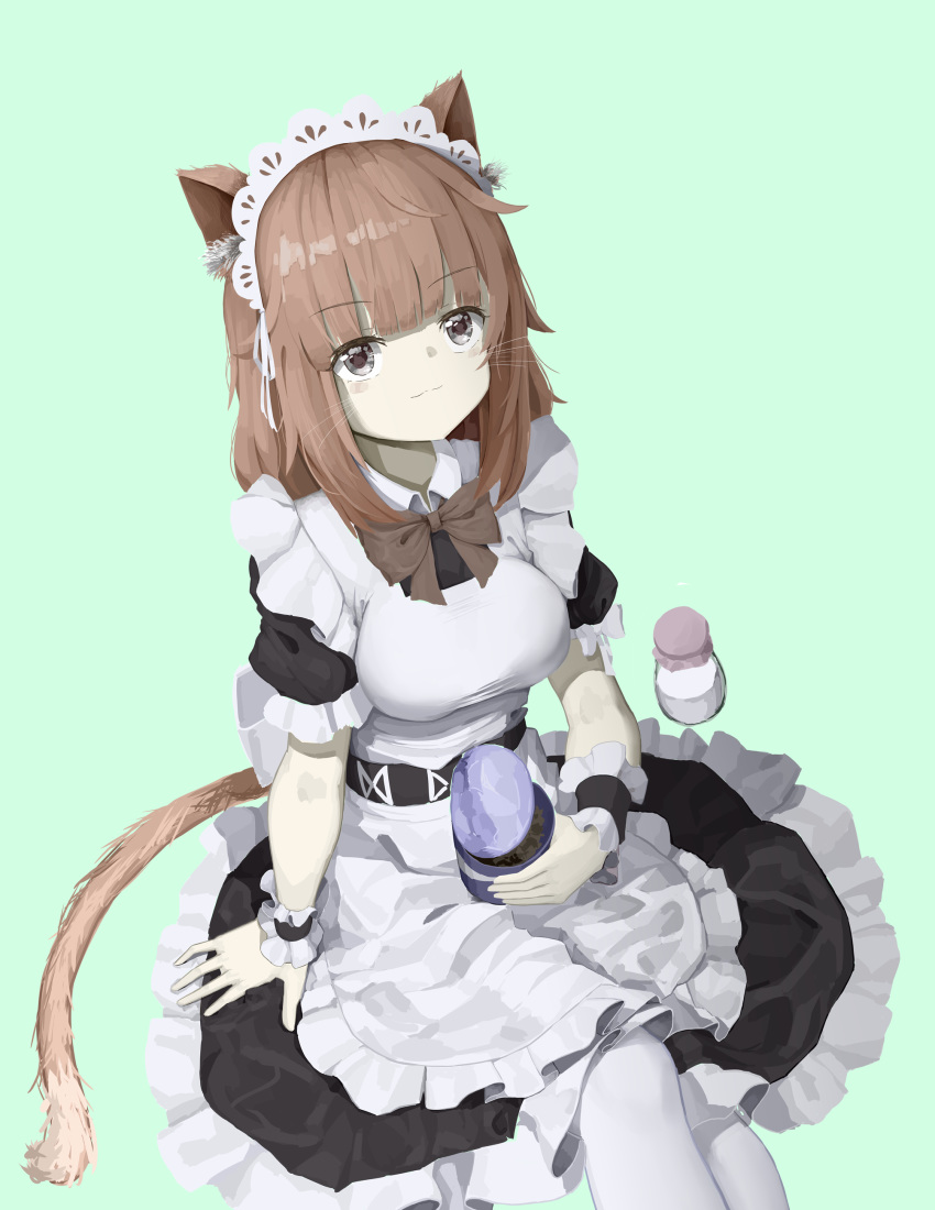 1girl absurdres apron brown_hair cat_girl crm grey_eyes highres long_hair maid maid_apron maid_dress maid_headdress original pantyhose simple_background solo tail