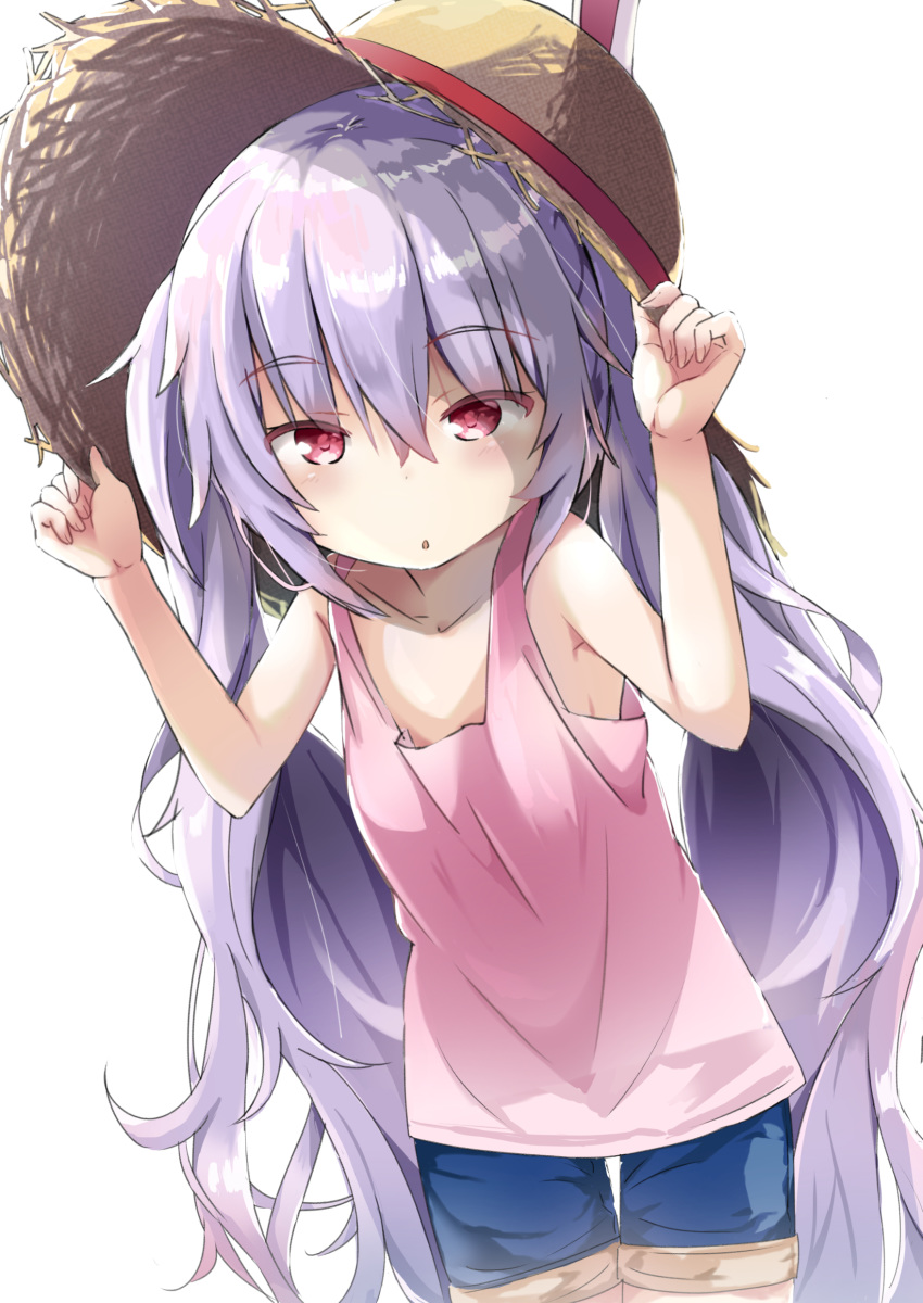 1girl absurdres adjusting_clothes adjusting_headwear alternate_costume animal_ears azur_lane bare_shoulders blush bunny_ears hat highres hikyac laffey_(azur_lane) lavender_background long_hair looking_at_viewer open_mouth red_eyes short_shorts shorts solo straw_hat tank_top very_long_hair