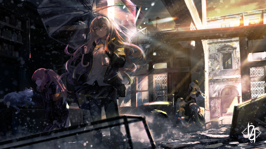 404_(girls_frontline) 404_logo_(girls_frontline) aritsuno armband bangs belt_pouch beret black_cat black_footwear black_gloves black_jacket black_legwear black_skirt blunt_bangs boots bread brown_hair building cable car cat chair closed_eyes closed_mouth cloud cloudy_sky commentary_request counter cross_hair_ornament cum cup drink drinking eating eyebrows eyebrows_visible_through_hair facial facial_mark fingerless_gloves food furniture g11_(girls_frontline) girls_frontline gloves green_eyes green_jacket green_legwear grey_hair grey_jacket grey_legwear ground_vehicle hair_ornament hand_on_own_leg hand_up hat head_tilt highres hk416_(girls_frontline) holding holding_cup holding_food holding_umbrella indoors jacket jeep knee_guards knee_pads kneeling light_particles light_rays long_hair looking_at_animal looking_at_viewer loose_clothes loose_shirt lying messy_hair miniskirt motor_vehicle on_side open_mouth pantyhose partial_commentary petting ponytail pouch purring red_footwear ruins scar scar_across_eye shirt side_ponytail silver_hair sitting skirt sky smile standing sunlight table tattoo teardrop teardrop_tattoo thigh_strap thighhighs transparent transparent_umbrella twintails umbrella ump45_(girls_frontline) ump9_(girls_frontline) vehicle white_shirt window yellow_eyes