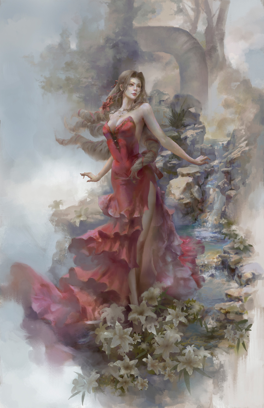 1girl aerith_gainsborough bow breasts brown_hair christian_angel commission dress faux_traditional_media final_fantasy final_fantasy_vii flower full_body green_eyes hair_bow highres jewelry lips long_hair looking_away looking_to_the_side necklace nose realistic red_dress side_slit solo strapless strapless_dress water waterfall