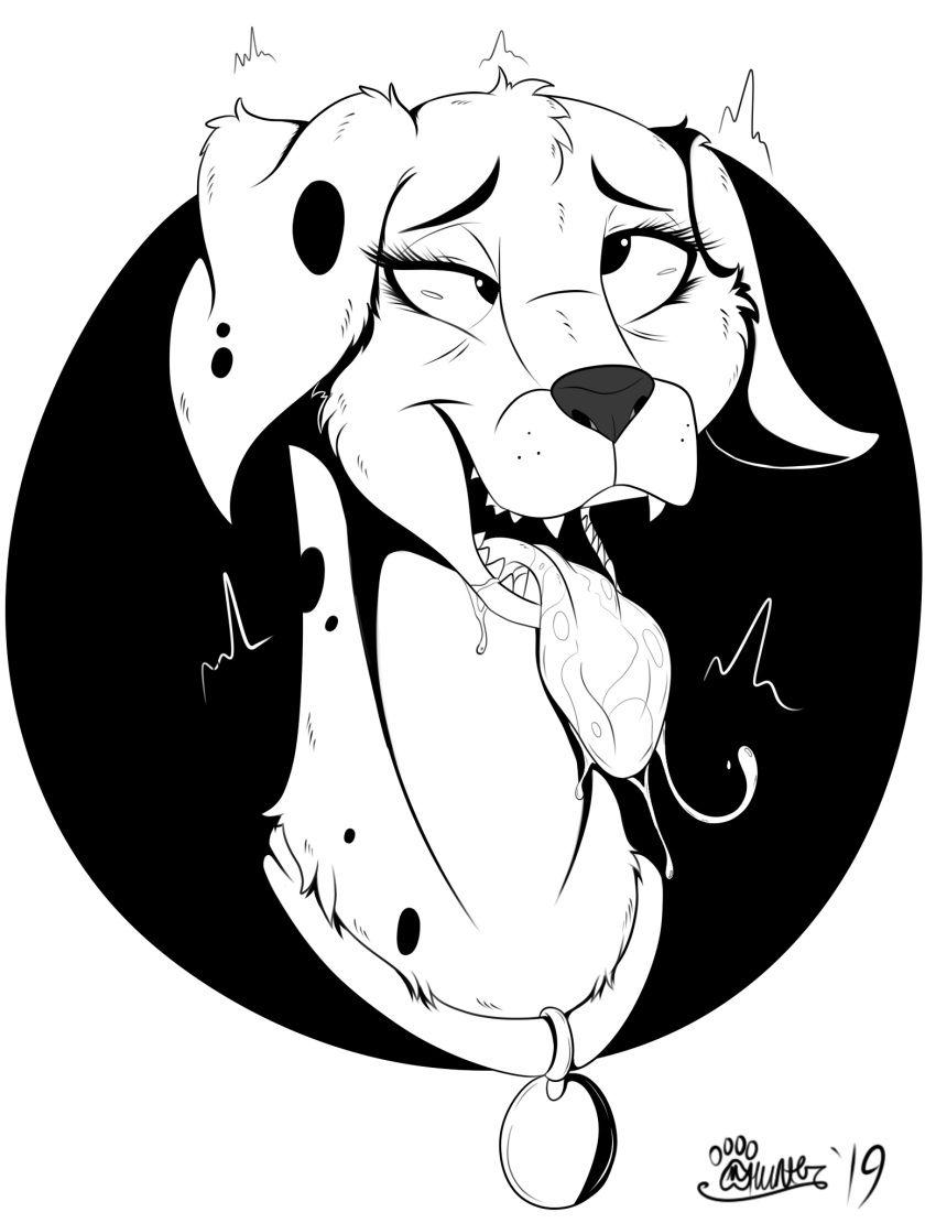 101_dalmatians 2019 ahegao black_and_white bodily_fluids canid canine canis dalmatian disney domestic_dog fangs female hi_res looking_pleasured mammal marcushunter monochrome open_mouth perdita saliva solo teeth tongue tongue_out