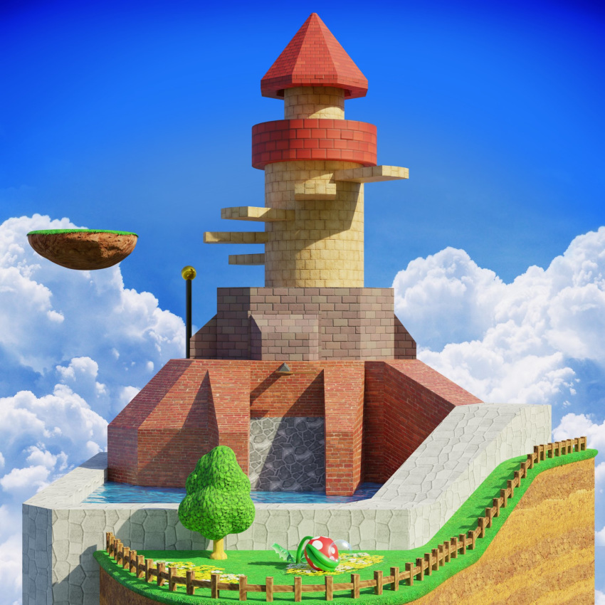 3d blender_(medium) cloud english_commentary fence floating_island highres mario_(series) mary_in_the_stars no_humans piranha_plant plant scenery sky super_mario_64 tower tree