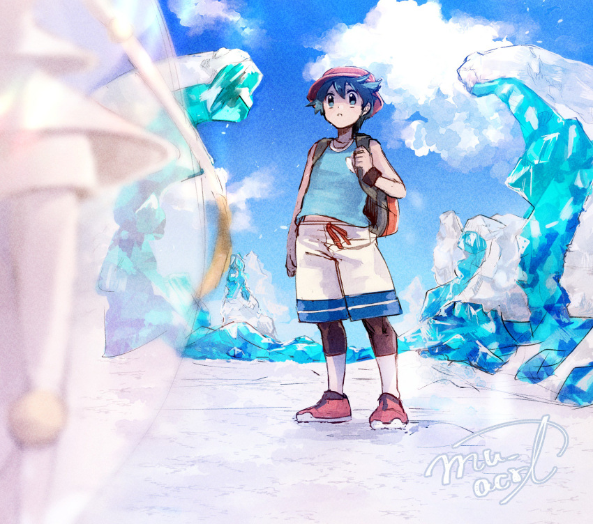 1boy arm_at_side backpack bag bangs black_hair cloud commentary_request crystal day elio_(pokemon) gen_7_pokemon hanenbo hat highres holding_strap looking_at_another outdoors pheromosa pokemon pokemon_(creature) pokemon_(game) pokemon_usum red_headwear shoes short_hair shorts signature sky standing tank_top ultra_beast