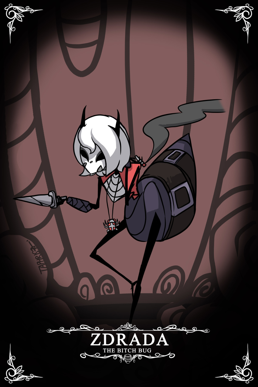 1girl absurdres artist_name black_horns character_name cigarette commentary hands_up helltaker highres holding holding_cigarette holding_knife hollow_knight horns insect_girl jewelry knife necklace pale_skin parody red_shirt shirt smoke solo standing standing_on_one_leg style_parody taphris zdrada_(helltaker)