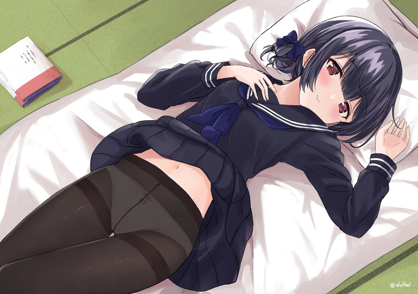 1girl bangs black_hair black_legwear black_sailor_collar black_serafuku black_shirt black_skirt blue_bow blue_neckwear blush book bow closed_mouth eluthel eyebrows_visible_through_hair from_above futon hair_bow hair_bun hand_on_own_chest idolmaster idolmaster_shiny_colors indoors long_sleeves looking_at_viewer lying miniskirt morino_rinze navel neckerchief on_back on_bed panties panties_under_pantyhose pantyhose pleated_skirt purple_eyes sailor_collar school_uniform serafuku shirt short_hair skirt skirt_lift smile solo tatami thigh_gap thighband_pantyhose twitter_username underwear white_panties