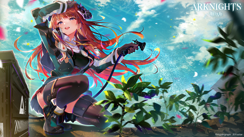 arknights aruterra bagpipe_(arknights) blue_eyes blush boots clouds gloves horns leaves logo long_hair red_hair sky thighhighs water zettai_ryouiki