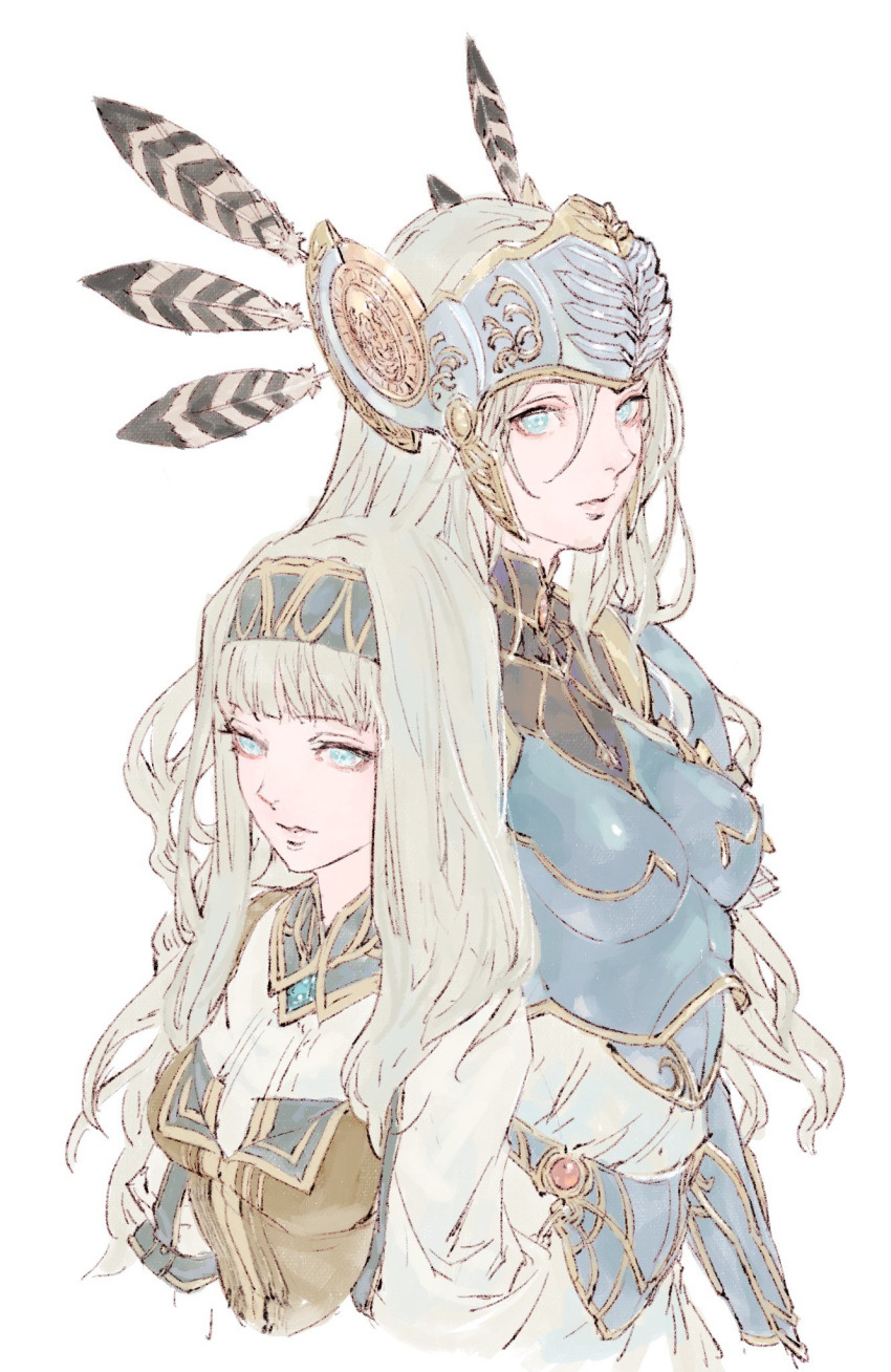 2girls alicia_(valkyrie_profile_2) armor bangs blonde_hair blue_eyes blunt_bangs breastplate closed_eyes closed_mouth feathers hair_between_eyes hairband helmet highres kazama_raita long_hair multiple_girls parted_lips silmeria_valkyrie simple_background turtleneck valkyrie_profile valkyrie_profile_2 white_background