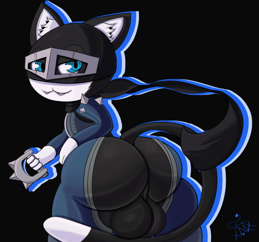 15:14 2020 alternate_costume anthro atlus backsack balls big_balls big_butt black_background black_balls black_body black_fur blue_bottomwear blue_clothing blue_eyes blue_topwear bottomwear brass_knuckles butt clothing clothing_swap dipstick_tail domestic_cat fangs felid feline felis fur genitals grey_mask hi_res huge_butt inner_ear_fluff leaning leaning_forward looking_at_viewer makoto_niijima male mammal mask megami_tensei megami_tensei_persona melee_weapon morgana_(persona) multicolored_tail not_safe_for_reality perineum presenting presenting_hindquarters rear_view simple_background solo spiked_clothing topwear tuft video_games weapon white_body white_fur white_inner_ear