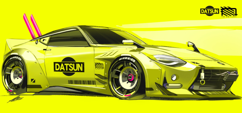 afukuro car datsun headlight highres logo motor_vehicle nissan_fairlady_z nissan_z_proto no_humans original solo sports_car vehicle_focus wheel yellow_background