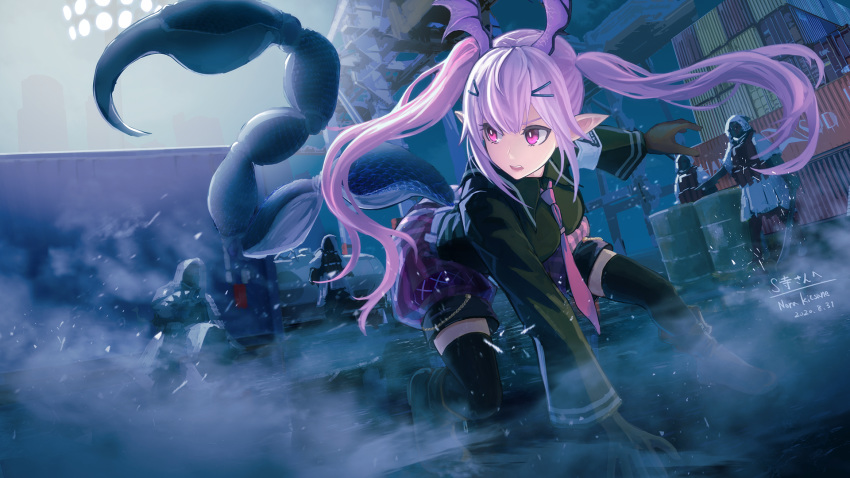 1girl 4others arknights barrel black_gloves black_legwear black_shirt breasts coat collared_shirt commentary_request gloves head_wings highres holding holding_weapon hooded_coat light_purple_hair long_hair long_sleeves manticore_(arknights) medium_breasts monster_girl multiple_others open_mouth outdoors pink_eyes pointy_ears reunion_soldier_(arknights) rhodes_island_logo scorpion_tail shaded_face shirt shorts snowflakes sword tactical_clothes tail twintails weapon white_coat