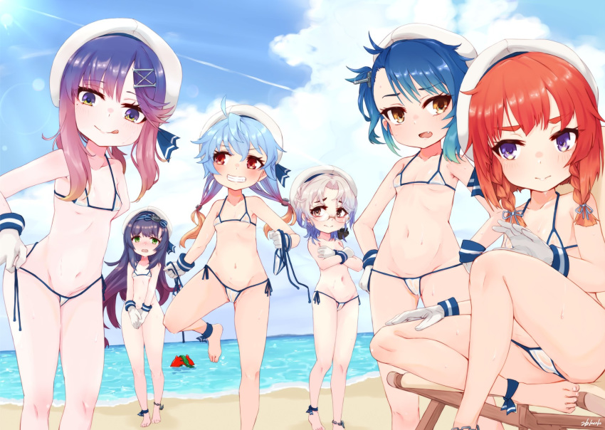 6+girls alakoala beach bikini black_hair blonde_hair blue_hair blue_sky bob_cut braid brown_eyes cloud commentary_request day etorofu_(kantai_collection) fang flat_chest fukae_(kantai_collection) glasses gloves gradient_hair green_eyes grey_hair grin hat highres hirato_(kantai_collection) horizon kantai_collection long_hair matsuwa_(kantai_collection) micro_bikini multicolored_hair multiple_girls ocean orange_hair outdoors purple_eyes purple_hair red_eyes red_hair sado_(kantai_collection) sailor_hat short_hair short_hair_with_long_locks side-tie_bikini side_braid side_ponytail sidelocks sky smile swimsuit thick_eyebrows tongue tongue_out tsushima_(kantai_collection) twin_braids wavy_hair white_bikini white_gloves white_headwear