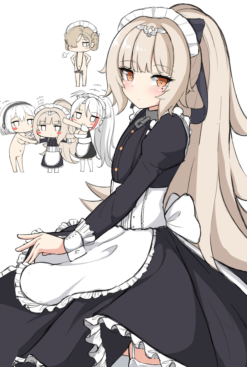 +++ 4girls absurdres alternate_costume apron azur_lane bangs black_dress black_hairband blush breasts brown_eyes brown_hair chibi cleavage closed_mouth commentary_request dress enmaided eyebrows_visible_through_hair flying_sweatdrops frilled_apron frilled_dress frills garter_straps hair_between_eyes hair_over_one_eye hairband hands_on_hips headpiece highres juliet_sleeves large_breasts long_hair long_sleeves looking_at_viewer maid maid_headdress mole mole_under_eye moyoron multicolored_hair multiple_girls nude ponytail prinz_eugen_(azur_lane) puffy_sleeves red_hair sheffield_(azur_lane) short_hair simple_background sirius_(azur_lane) smile streaked_hair thighhighs very_long_hair waist_apron white_apron white_background white_hair white_legwear z46_(azur_lane)
