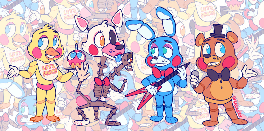 2020 animatronic anthro avian bird black_nose blue_body blue_eyes blue_fur blue_tongue bow brown_body brown_fur buckteeth canid canine chibi chicken claws clothing cupcake cupcake_(fnaf) eyelashes feathers female female_(lore) fingers five_nights_at_freddy's five_nights_at_freddy's_2 food fox fur galliform gallus_(genus) gloves green_eyes guitar half-closed_eyes handwear head_tuft hi_res holding_object lagomorph leporid lipstick long_ears machine makeup male male_(lore) mammal mangle_(fnaf) microphone musical_instrument narrowed_eyes phasianid pink_body pink_cheeks pink_claws pink_fur pink_inner_ear plucked_string_instrument rabbit red_cheeks robot standing string_instrument teeth toe_claws tongue toy_bonnie_(fnaf) toy_chica_(fnaf) toy_freddy_(fnaf) tuft ursid video_games waackery white_body white_fur white_inner_ear yellow_body yellow_eyes yellow_feathers yellow_fur