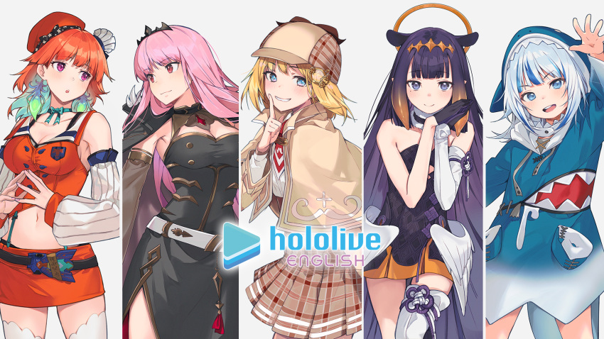 5girls bangs bare_shoulders belt blonde_hair blue_eyes blunt_bangs breasts brown_capelet brown_headwear capelet chef_hat cleavage closed_mouth cosplay deerstalker detached_sleeves detective dress eyebrows_visible_through_hair feathered_wings gawr_gura gloves half_gloves halo hands_clasped hat highres hololive hololive_english hood light_blue_hair long_hair long_sleeves looking_at_viewer low_wings midriff miniskirt mole mole_under_eye monocle_hair_ornament mori_calliope multicolored_hair multiple_girls mustache_print navel ninomae_ina'nis ninomae_ina'nis_(artist) official_art open_mouth own_hands_together pink_hair plaid plaid_skirt pleated_skirt pointy_ears red_eyes red_neckwear shark_costume shark_hood shark_print sherlock_holmes sherlock_holmes_(cosplay) shirt short_dress sidelocks simple_background single_detached_sleeve single_thighhigh skirt sleeves standing streaked_hair takanashi_kiara tentacle_hair thighhighs tiara upper_body very_long_hair virtual_youtuber watson_amelia white_hair white_legwear white_shirt white_wings wings