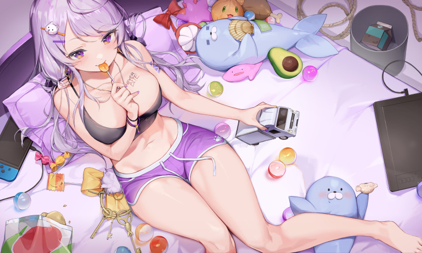 bed breasts chyo cleavage game_console long_hair navel original purple_eyes purple_hair shirt short