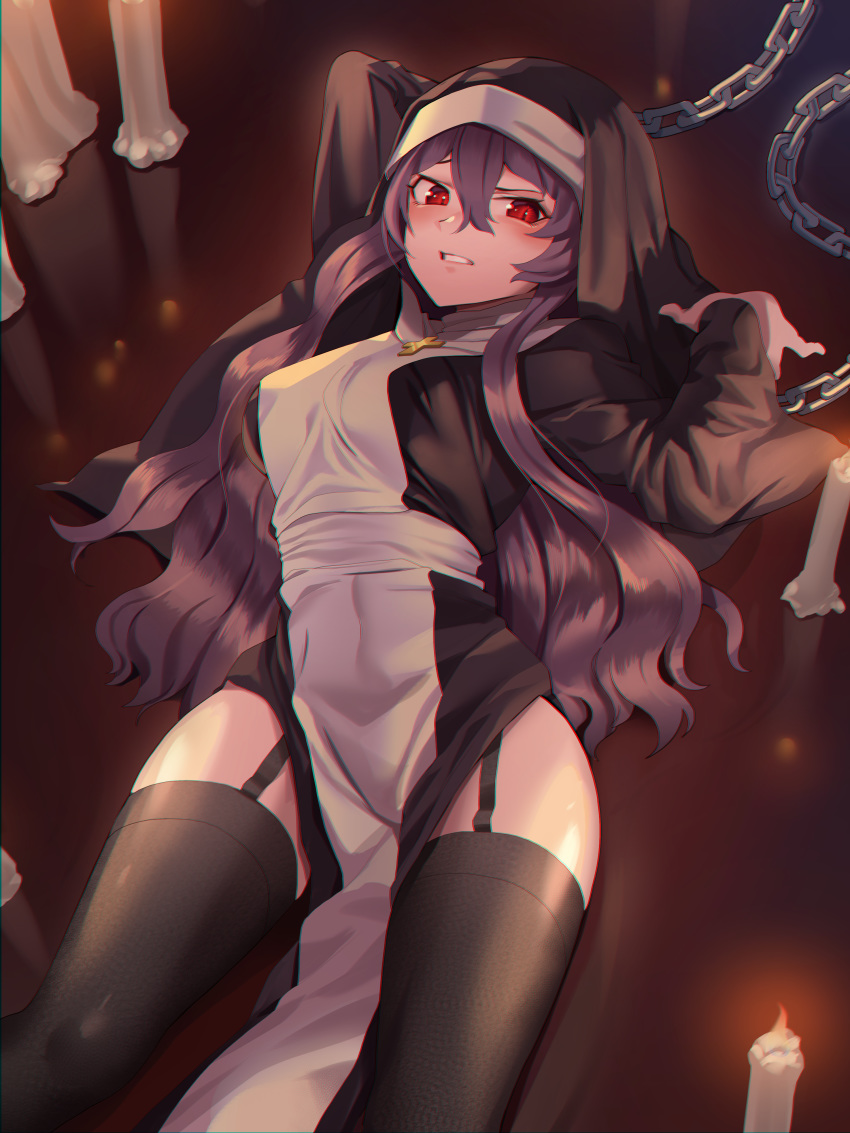 1girl absurdres black_legwear black_robe candle chain cross cross_necklace garter_straps goback habit highres jewelry long_hair long_sleeves looking_at_viewer lying necklace nun on_back original pelvic_curtain purple_hair red_eyes slit_pupils solo thighhighs