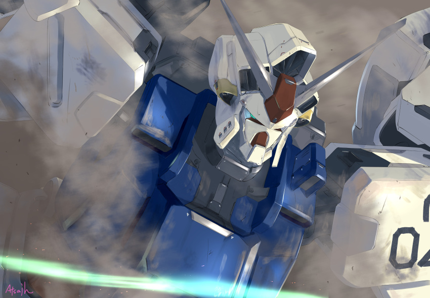 absurdres artist_name atsajh blue_eyes close-up dust glowing glowing_eyes gundam gundam_0083 gundam_gp-02_physalis highres looking_down mecha no_humans solo v-fin