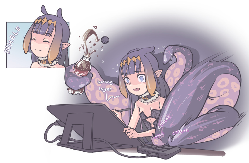 1girl absurdres bangs black_dress blunt_bangs bottle bottle_cap cable collar drawing_tablet dress highres hololive hololive_english jarv keypad ninomae_ina'nis pointy_ears purple_hair smile solo strapless strapless_dress stylus tentacle_hair tentacles