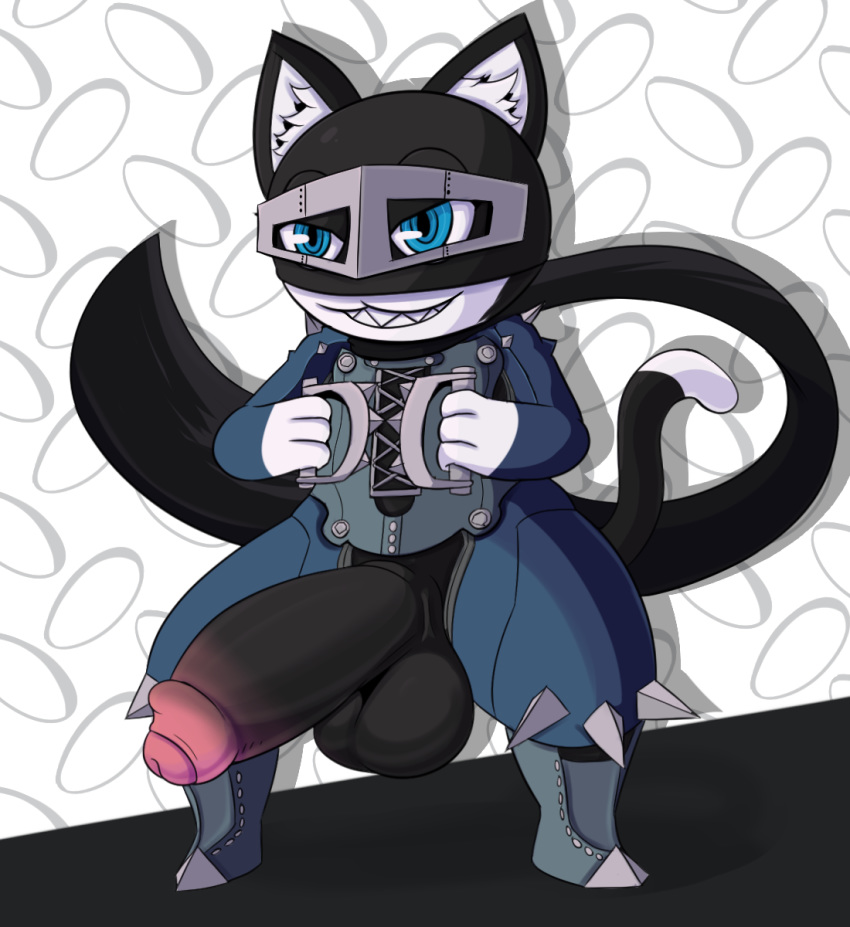 2020 alternate_costume anthro atlus balls big_balls big_penis black_balls black_body black_fur black_penis blue_bottomwear blue_clothing blue_eyes blue_topwear bottomwear brass_knuckles clothing clothing_swap dipstick_tail domestic_cat felid feline felis footwear foreskin fur genitals glans grey_boots grey_clothing grey_footwear grey_headwear grey_mask headgear headwear hi_res huge_balls huge_penis inner_ear_fluff makoto_niijima male mammal megami_tensei megami_tensei_persona melee_weapon morgana_(persona) multicolored_tail not_safe_for_reality penis penis_through_fly pink_glans poking_out solo spiked_clothing standing topwear tuft uncut video_games weapon white_body white_fur white_inner_ear