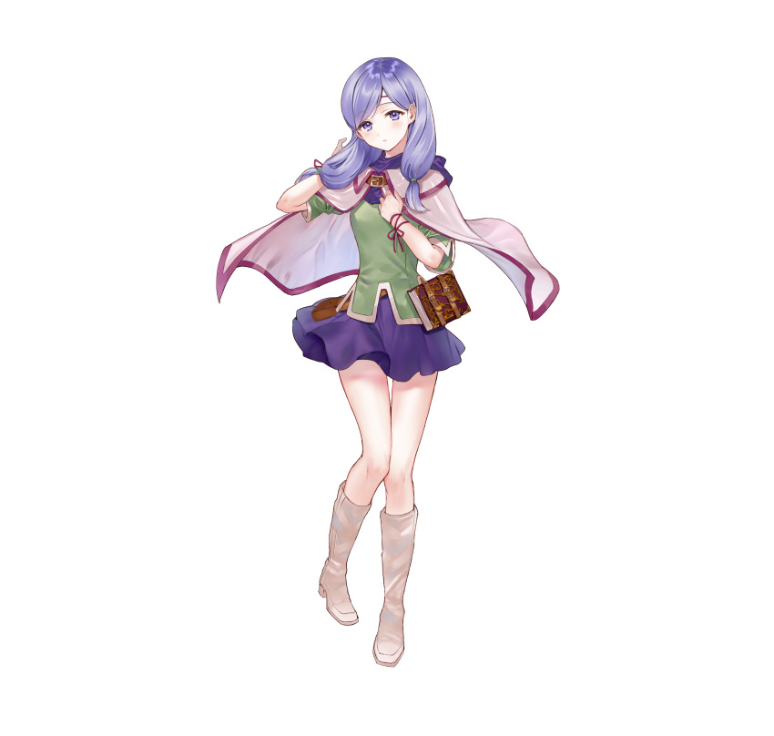 1girl absurdres bangs belt_pouch blush book boots cape capelet circlet commentary_request eyebrows_visible_through_hair fire_emblem fire_emblem:_path_of_radiance fire_emblem_heroes hand_on_own_chest hand_up hanekoto highres ilyana_(fire_emblem) jewelry knee_boots long_hair looking_at_viewer miniskirt official_art parted_lips pouch purple_eyes purple_hair purple_skirt shiny shiny_hair short_sleeves simple_background skirt solo standing tied_hair white_background white_footwear