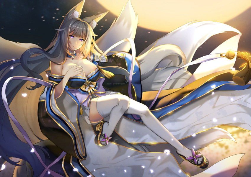 1girl animal_ear_fluff animal_ears artist_name azur_lane bangs bare_shoulders blue_kimono blunt_bangs breasts cherry_blossoms cleavage collarbone commentary fox_ears full_body full_moon glint grey_hair hair_intakes hair_ornament hand_on_own_chest japanese_clothes kimono large_breasts long_hair long_sleeves looking_at_viewer miniskirt moon multiple_tails night night_sky off-shoulder_kimono parted_lips petals pleated_skirt purple_eyes sakuramon shinano_(azur_lane) sidelocks skindentation skirt sky solo streyah tail tassel thighhighs watermark wedge_heels white_legwear white_skirt white_tail wide_sleeves zettai_ryouiki