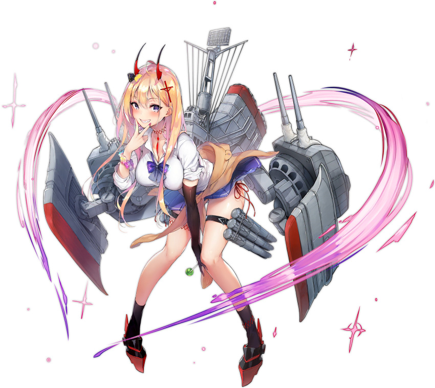 1girl ahoge azur_lane bent_over between_legs black_gloves black_legwear blue_skirt bow bowtie bracelet breasts brown_cardigan candy cardigan cardigan_around_waist choker clothes_around_waist collared_shirt cunnilingus_gesture elbow_gloves food full_body gloves grin gyaru hair_ornament hand_up highres holding horns jewelry kumano_(azur_lane) large_breasts lollipop long_hair looking_at_viewer machinery mast miniskirt nail_polish official_art pyon-kichi rudder_footwear school_uniform sharp_teeth shirt side-tie_peek single_glove skirt smile socks solo standing teeth thigh_strap thighs torpedo_tubes transparent_background turret v white_shirt