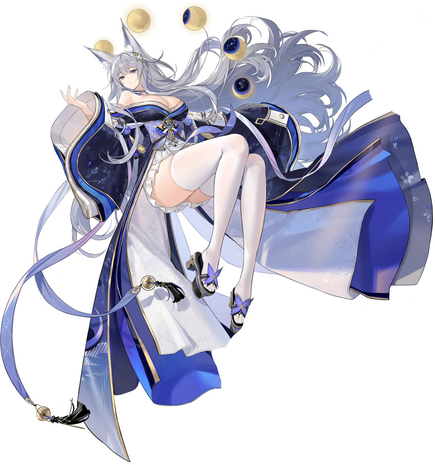 1girl animal_ear_fluff animal_ears armor azur_lane bare_shoulders bell black_kimono breasts cleavage closed_mouth constellation detached_collar floating_hair fox_ears fox_girl full_body highres japanese_armor japanese_clothes jingle_bell kimono large_breasts long_hair long_sleeves looking_at_viewer miniskirt moon moon_phases no_tail obi off-shoulder_kimono off_shoulder official_art oversized_clothes pleated_skirt purple_eyes sash shinano_(azur_lane) shoulder_armor silver_hair skirt soaryuna sode solo tassel thighhighs thighs transparent_background very_long_hair white_legwear white_skirt wide_sleeves zettai_ryouiki zouri