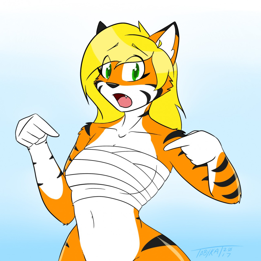 anthro bandage felid female hair hi_res mammal pantherine solo tabykat tabytha_starling tiger