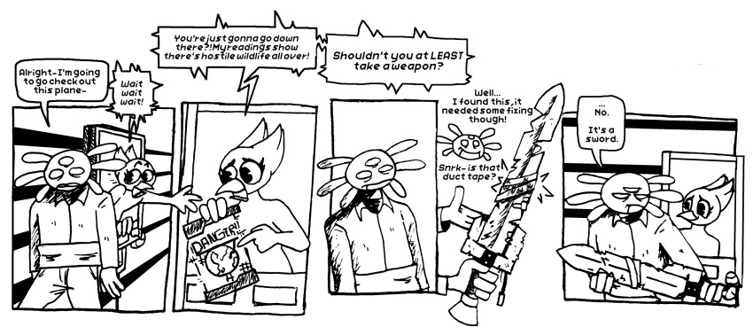 a.v.i.a.n. afuckingcamel-zenge-art_(artist) ai anthro avian avian_(starbound) black_and_white chucklefish comic english_text female hi_res hylotl kenta_(afuckingcamel) male melee_weapon monochrome starbound sword text video_games weapon