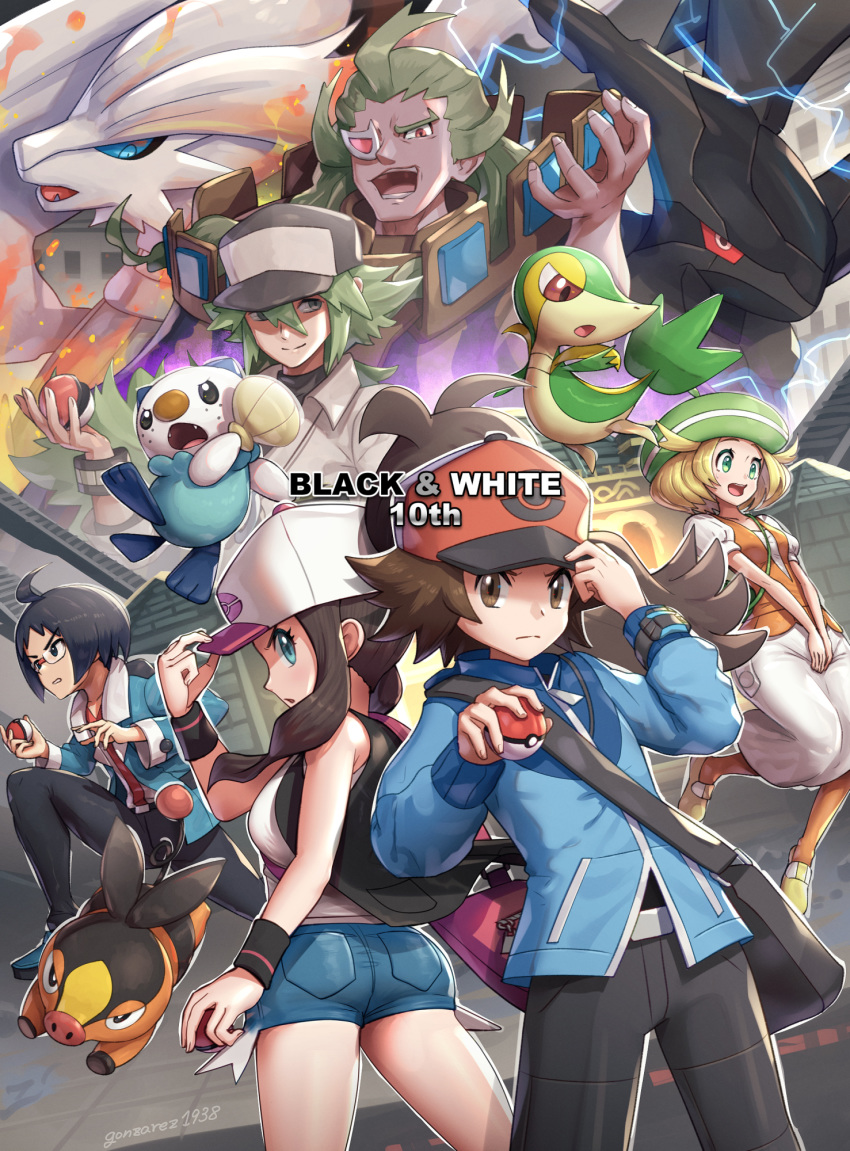 2girls 4boys anniversary bangs bianca_(pokemon) cheren_(pokemon) commentary_request cowboy_shot eyebrows_visible_through_hair full_body gen_5_pokemon ghetsis_harmonia gonzarez hair_between_eyes highres hilbert_(pokemon) hilda_(pokemon) kneeling legendary_pokemon looking_at_viewer looking_to_the_side multiple_boys multiple_girls n_(pokemon) oshawott pokemon pokemon_(creature) pokemon_(game) pokemon_bw reshiram serious snivy standing starter_pokemon teeth tepig zekrom