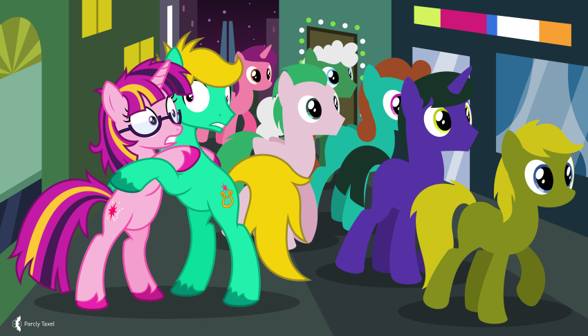 2020 7:4 absurd_res black_hair blonde_hair blue_body crowd detailed_background duo_focus earth_pony equid equine eyewear fan_character female feral fetlocks glasses green_body green_hair group hair hasbro hi_res horn horse hug male mammal multicolored_hair my_little_pony night_sky orange_body outside parclytaxel pegasus pink_body pony purple_hair red_hair scared signature star street unicorn wide_eyed wings