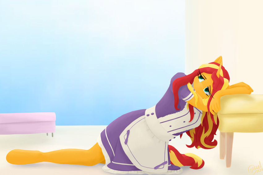 3:2 absurd_res alicorn-without-horn anthro clothing equestria_girls equid equine female foot_stool hair hasbro hi_res horn maid_uniform mammal multicolored_hair multicolored_tail my_little_pony solo sunset_shimmer_(eg) unguligrade_anthro unicorn uniform
