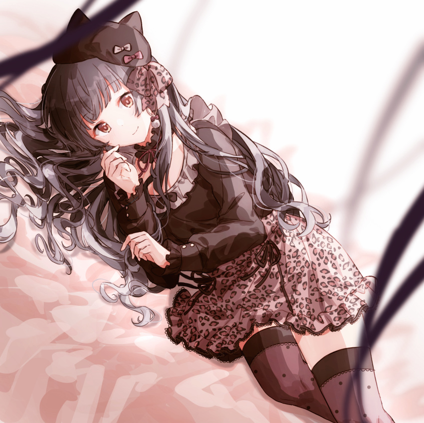 1girl animal_print bangs beret black_hair blunt_bangs bow breasts brown_eyes closed_mouth earrings eyebrows_visible_through_hair frills gocoli hair_bow hat highres idolmaster idolmaster_shiny_colors jewelry leopard_print long_hair long_sleeves looking_at_viewer lying mayuzumi_fuyuko medium_breasts on_side ribbon shirt simple_background skirt smile solo thighhighs two_side_up