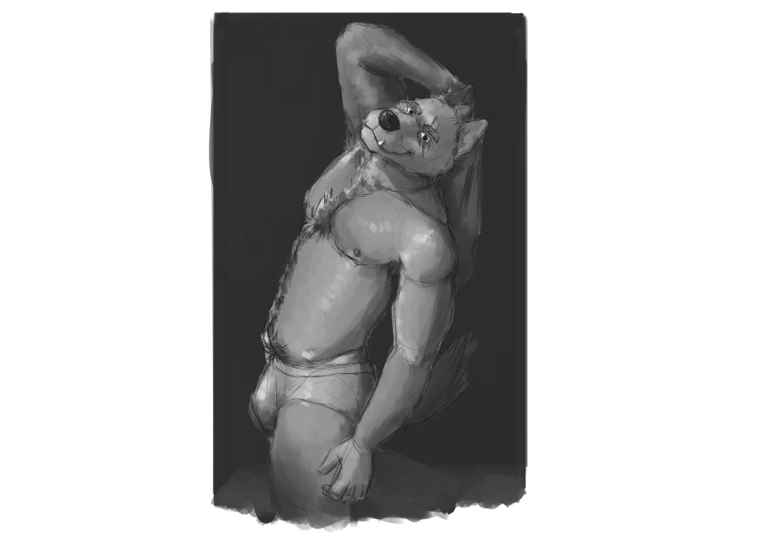 absurd_res anthro bulge canid canine canis clothed clothing duke hi_res looking_at_viewer male mammal monochrome partially_clothed smiling_at_viewer solo underwear wolf