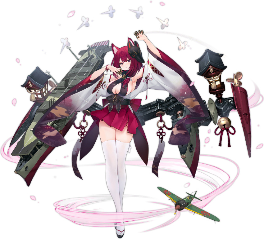 1girl :q aircraft animal_ears armpits arms_up azur_lane bare_shoulders bell breasts chiyoda_(azur_lane) claw_ring cleavage cleavage_cutout closed_mouth eyeshadow flight_deck flower_knot fox_ears fox_mask full_body highres japanese_clothes jingle_bell large_breasts long_sleeves looking_at_viewer machinery makeup mask mask_on_head miniskirt obi off_shoulder official_art paper petals pleated_skirt purple_eyes red_hair red_skirt sash shikigami short_hair skirt smile solo standing tabi thighhighs thighs tongue tongue_out transparent_background white_legwear wide_sleeves yuui_hutabakirage zettai_ryouiki