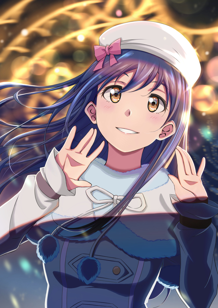 1girl absurdres bangs beret blue_hair blush detached_sleeves fur_trim grin hands_up hat highres huge_filesize kaihaku_(kaihaku2001) long_hair looking_at_viewer love_live! love_live!_school_idol_project open_mouth smile snow_halation solo sonoda_umi white_headwear yellow_eyes