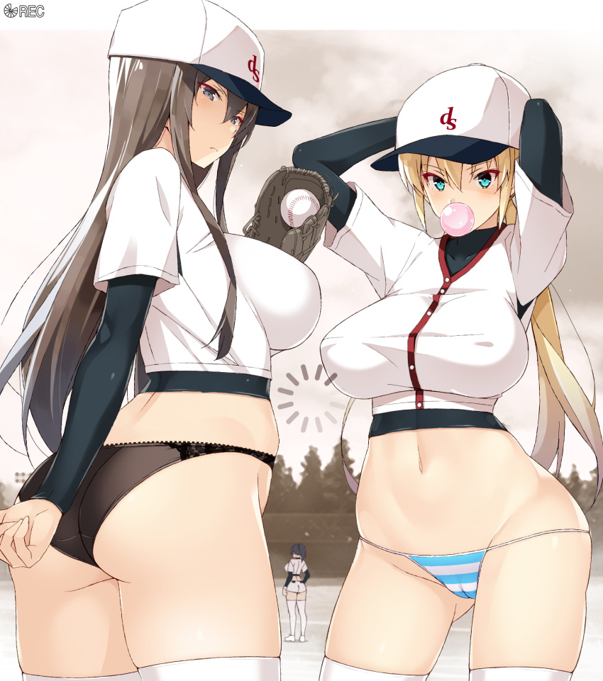 3girls aqua_eyes arm_behind_back arms_up ass ass_visible_through_thighs bangs baseball_cap baseball_mitt baseball_uniform belt belt_buckle black_hair black_panties blonde_hair blue_sky breasts brown_hair bubble_blowing buckle cameltoe chain-link_fence chewing_gum cloud covered_nipples day eyebrows_visible_through_hair fence field frown grey_eyes halter_top halterneck hat highres impossible_clothes large_breasts layered_shirt light loading_screen long_hair looking_to_the_side monochrome_background multiple_girls nakamura_yukitoshi navel original outdoors panties pine_tree ponytail shirt shorts side-tie_panties sideboob sky sportswear standing striped striped_panties thighhighs thighs tree underwear viewfinder white_footwear white_legwear white_shirt white_shorts