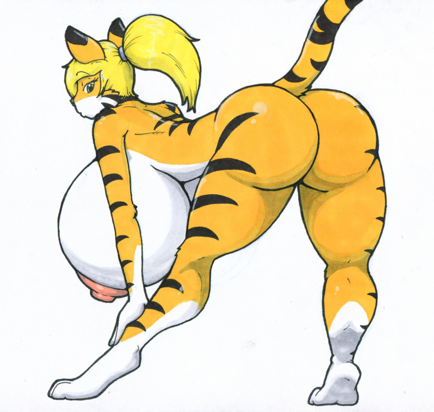 anthro big_breasts breasts butt felid female hair hi_res huge_breasts mammal pantherine ponytail solo tabykat tabytha_starling tiger