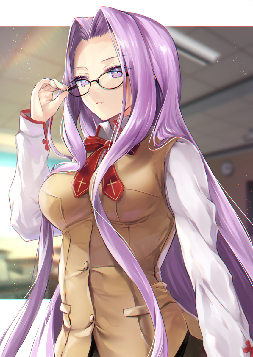 1girl absurdres bangs blurry blurry_background blush breasts brown_vest classroom collared_shirt fate/stay_night fate_(series) forehead glasses hane_yuki highres homurahara_academy_uniform large_breasts long_hair long_sleeves looking_at_viewer neck_ribbon parted_bangs parted_lips purple_eyes purple_hair red_ribbon ribbon rider shirt sidelocks very_long_hair vest white_shirt