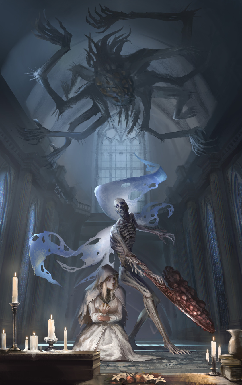 1girl 2others absurdres amygdala blonde_hair bloodborne candle cloak eldritch_abomination extra_arms from_behind han_bao highres holding holding_weapon hood jewelry monster multiple_others orphan_of_kos petals scared standing vicar_amelia weapon window wings