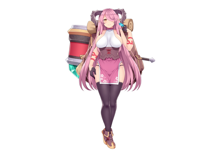 aliasing boots breasts corset dress gloves hasu_(hk_works) horns long_hair orange_eyes original pink_hair pointed_ears sideboob tattoo thighhighs weapon white