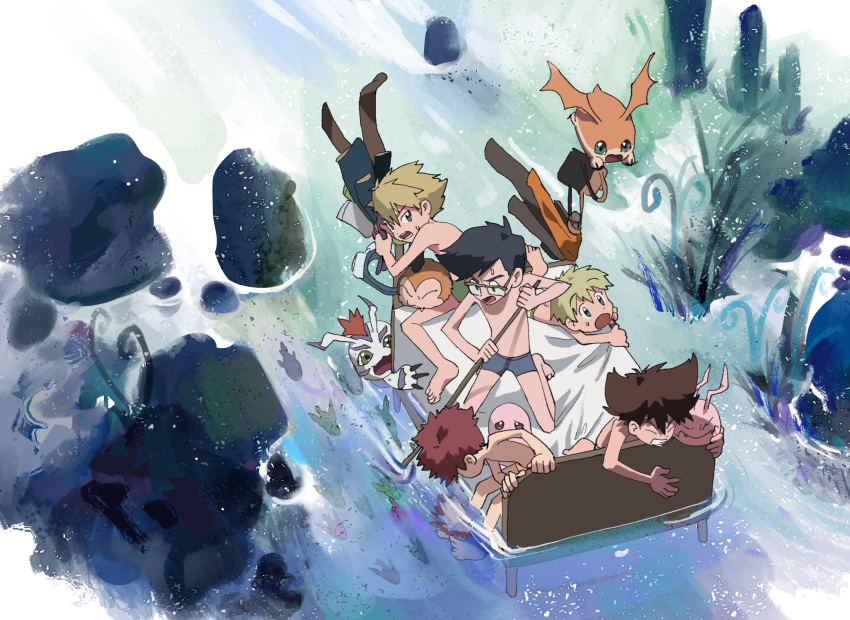 5boys absurdres bed clothes_removed digimon digimon_adventure fish gomamon highres ishida_yamato izumi_koushirou kido_jou koromon male_focus motimon multiple_boys oar patamon reflection ripples river rock stick takaishi_takeru tantanmen tunomon underwear water weeds yagami_taichi