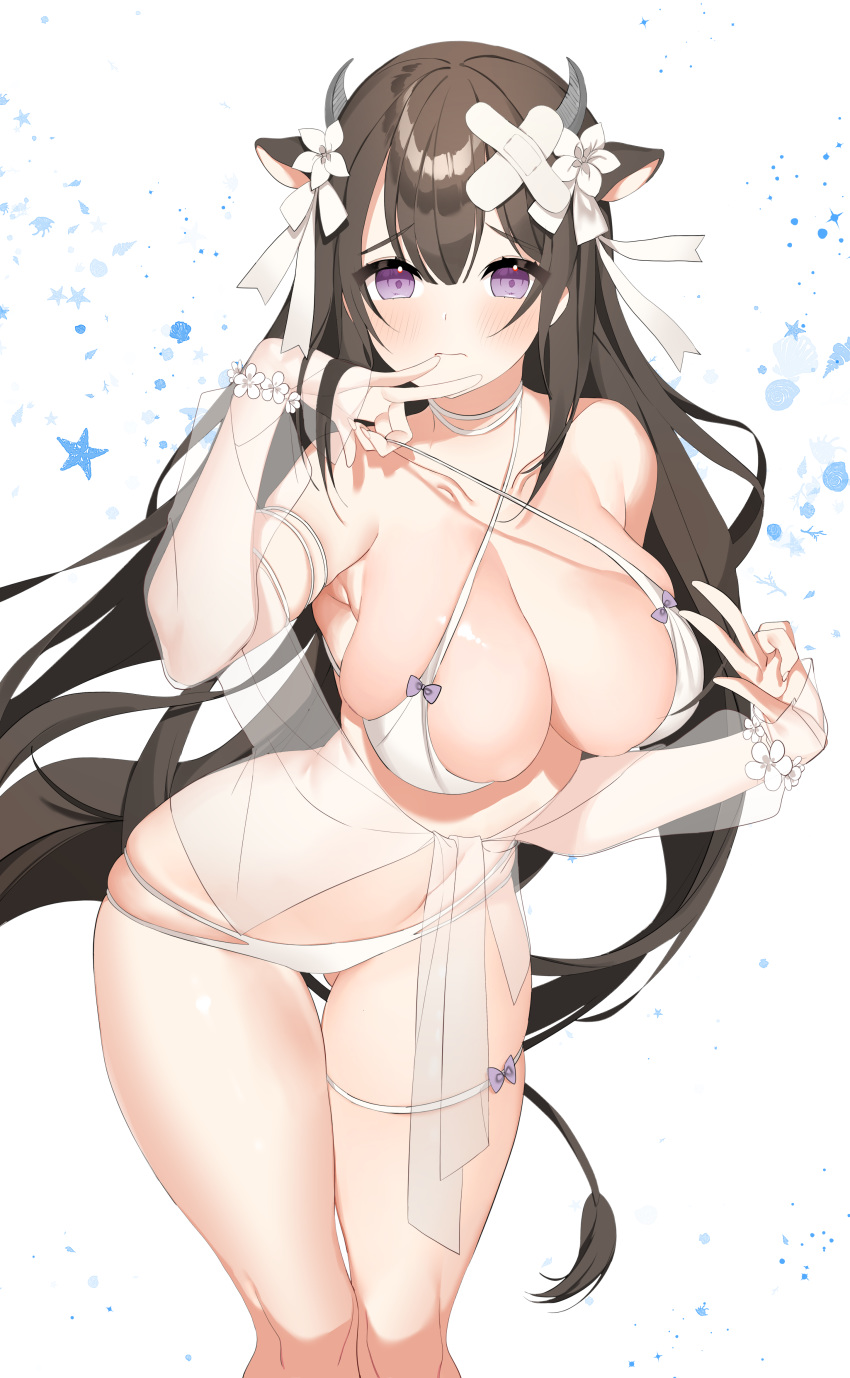 1girl absurdres animal_ears arm_strap armpits azur_lane bandaid bandaid_on_head bangs bikini bikini_pull black_hair blush breasts cleavage commentary_request cow_ears cow_girl cow_horns cow_tail crossed_bandaids flower hair_between_eyes hair_flower hair_ornament highres horns kashino_(after-bath_pleasure)_(azur_lane) kashino_(azur_lane) large_breasts long_hair looking_at_viewer myao_(o3o333) purple_eyes see-through skindentation solo swimsuit tail thigh_gap thigh_strap thighs v very_long_hair white_bikini white_flower